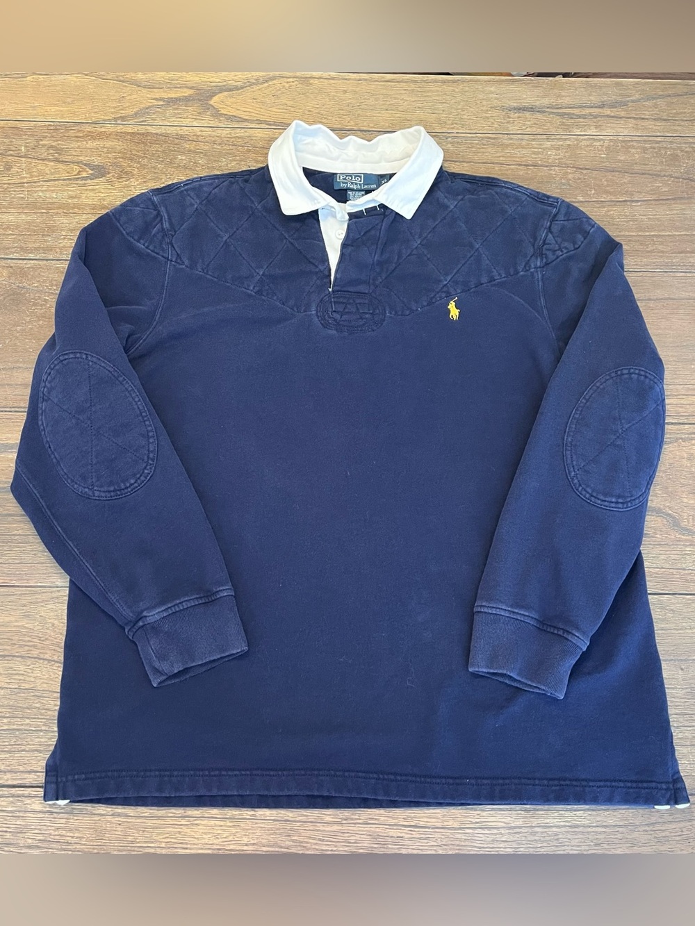 Vintage Polo Ralph Lauren Navy Blue Rugby Polo Long Sleeve Shirt Quilted Mens XL - Picture 1 of 7
